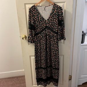 Black floral midi dress with lace detail